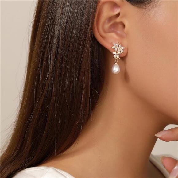 Gold-Plated Pearl Drop Earrings – CZ Leverback Design, Hypoallergenic - Picture 3 of 6